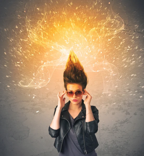 Young woman with energetic exploding red hair — Stock Photo, Image