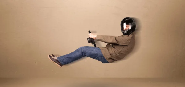 Happy funny man driving a flying car concept — Stock Photo, Image