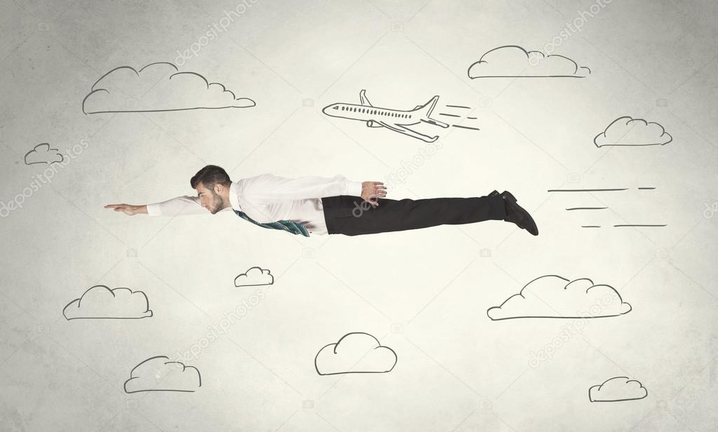 Cheerful business person flying between hand drawn sky clouds