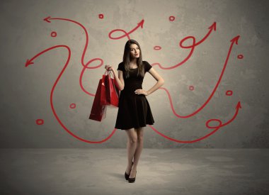 Şık kadın alışverişi ve kırmızı oklar