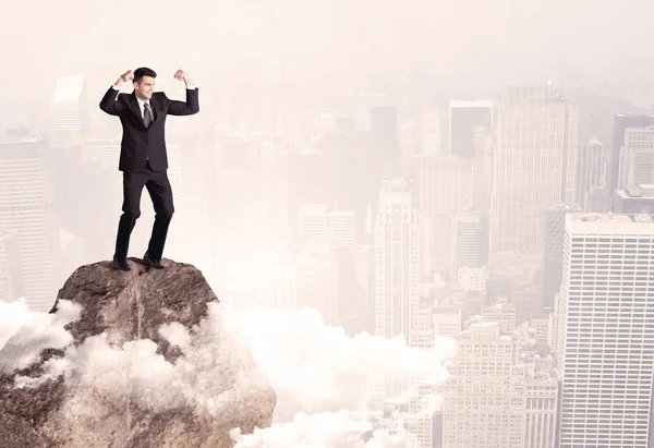 Boldog üzletember kő tetején állva — Stock Fotó