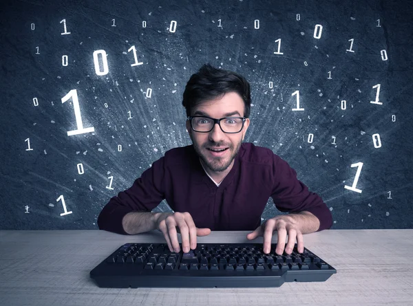 Online intruder geek guy hacking codes — Stock Photo, Image