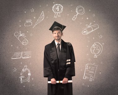 Elle çizilmiş okul ikonlarıyla mutlu bir öğrenci.