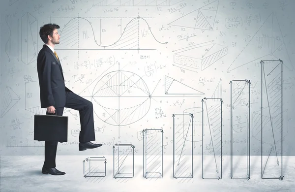 Business man climbing up on hand drawn graphs concept — Stock Photo, Image