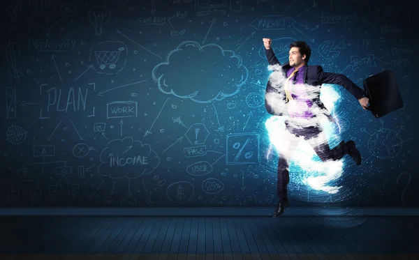 Feliz hombre de negocios saltando con la nube de tormenta a su alrededor — Foto de Stock