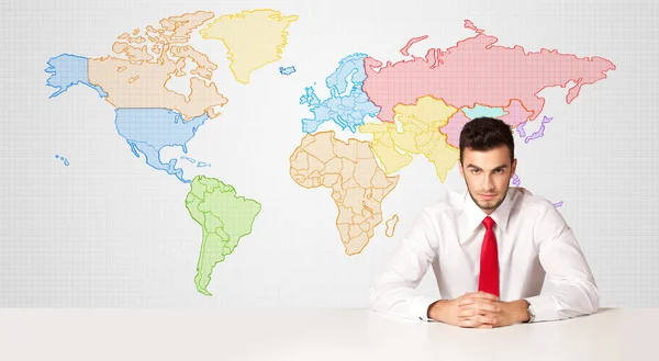 Business man with colorful world map background Royalty Free Stock Photos