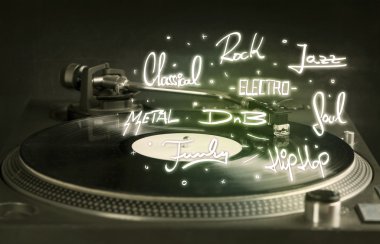 Vinil ve müzik türleri yazan turntable 