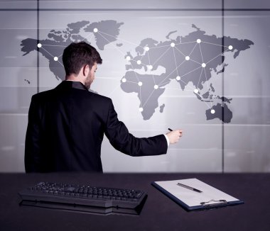 Dünya Haritası üzerinde nokta çizim iş kişi