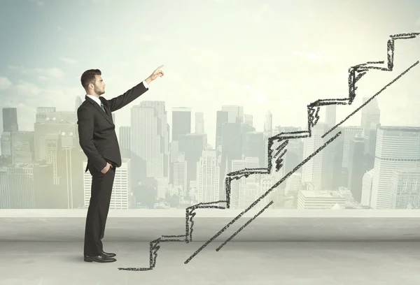 Business man climbing up on hand drawn staircase concept — Stock Photo, Image