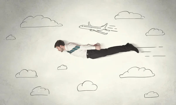 Cheerful business person flying between hand drawn sky clouds — Stock Photo, Image