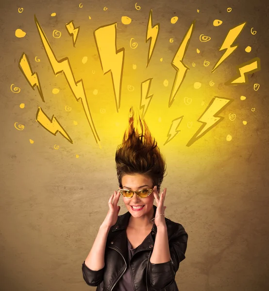 Young woman with hair style and hand drawn lightnings — Stock Photo, Image