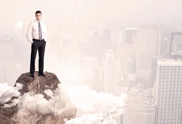 Happy businessman standing on stone top — Stock Photo, Image