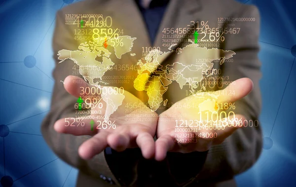 Business person holding earth statistics map — Stock Photo, Image