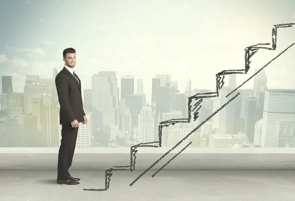 Homem de negócios subindo no conceito de escada desenhada à mão — Fotografia de Stock