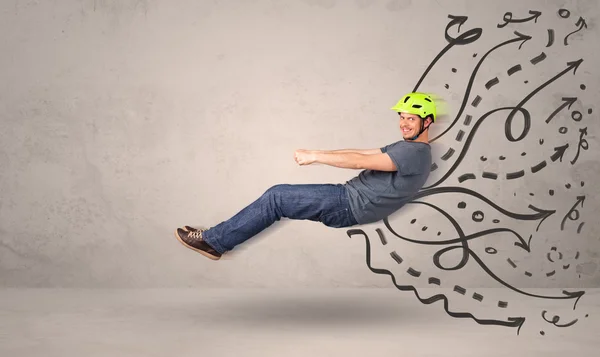 Legrační člověk řídit létající vozidla s ručně kreslenými čarami po h — Stock fotografie