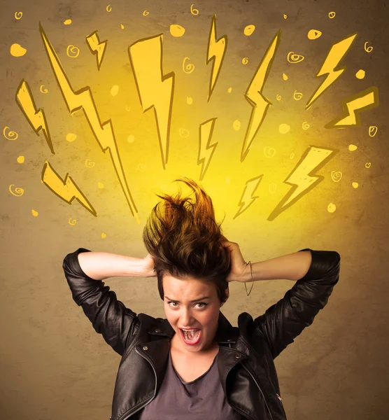 Young woman with hair style and hand drawn lightnings — Stock Photo, Image