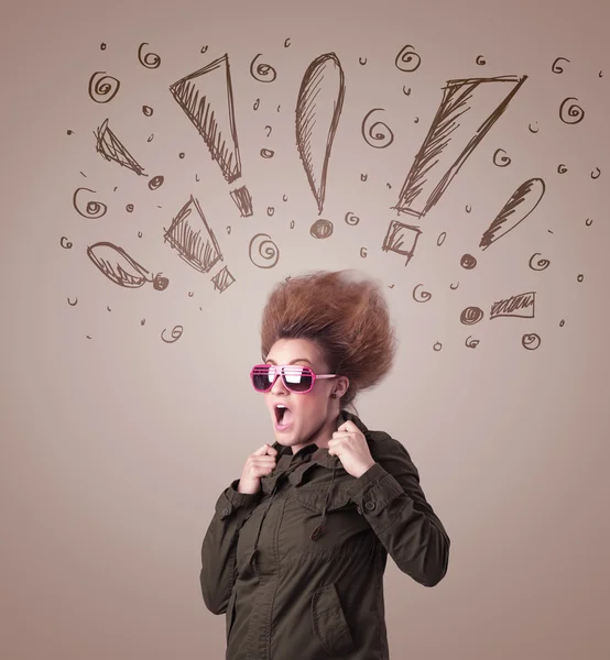 Young woman with hair style and hand drawn exclamation signs — Stock Photo, Image