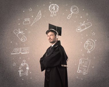 Elle çizilmiş okul ikonlarıyla mutlu bir öğrenci.