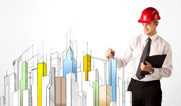 Business person sketching a city sight — Stock Photo, Image
