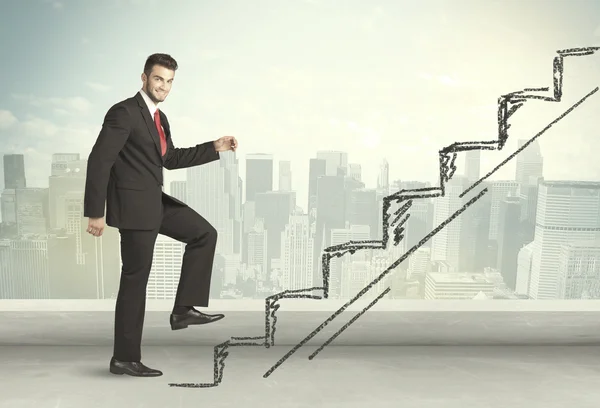 Business man climbing up on hand drawn staircase concept — Stock Photo, Image