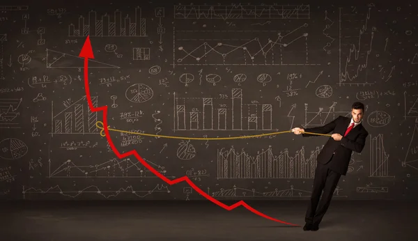 Üzletember húzza a piros nyíl egyenesen egy kötéllel — Stock Fotó