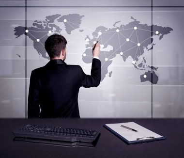 Dünya Haritası üzerinde nokta çizim iş kişi