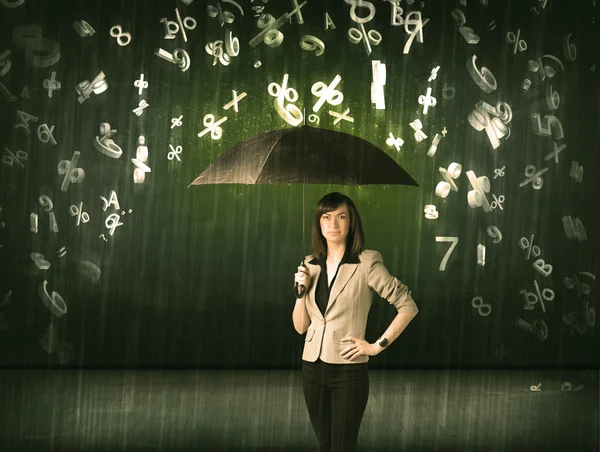 Mujer de negocios de pie con paraguas y números 3d lloviendo cono — Foto de Stock