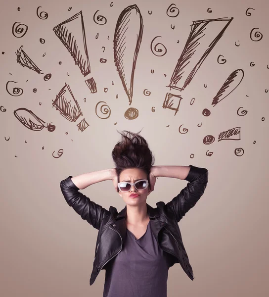 Young woman with hair style and hand drawn exclamation signs — Stock Photo, Image