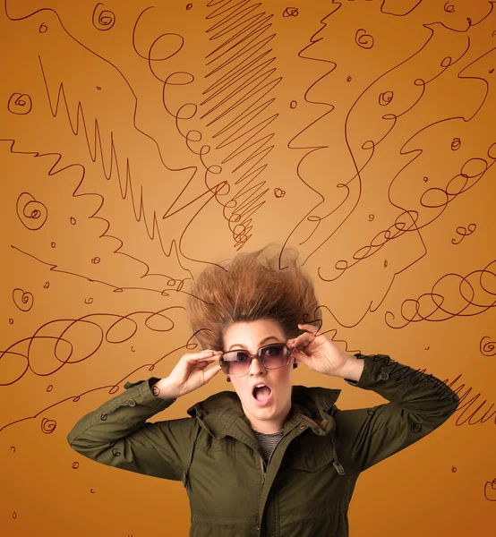 Excited young woman with extreme hairtsyle and hand drawn lines — Stock Photo, Image