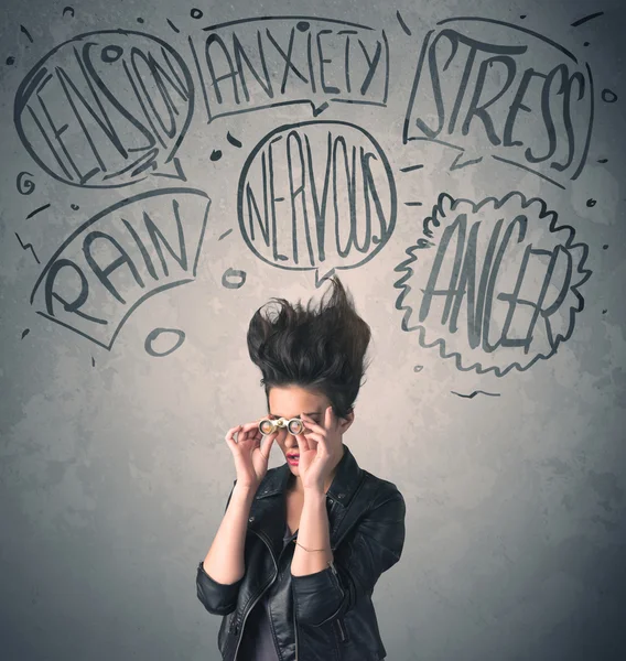 Mad young woman with extreme haisrtyle and speech bubbles — Stock Photo, Image