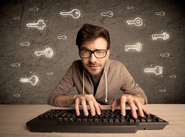 Hacker nerd guy with drawn password keys — Stock Photo, Image