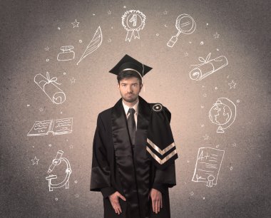 Elle çizilmiş okul ikonlarıyla mutlu bir öğrenci.