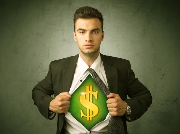 Businessman tearing off his shirt with dollar sign on chest — Stock Photo, Image