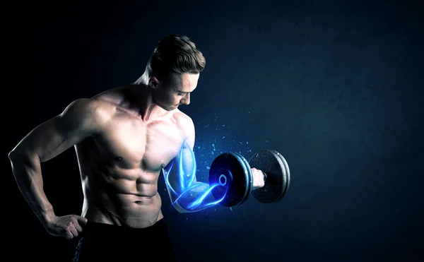 Fit atleta levantamiento de peso con el concepto de luz muscular azul — Foto de Stock