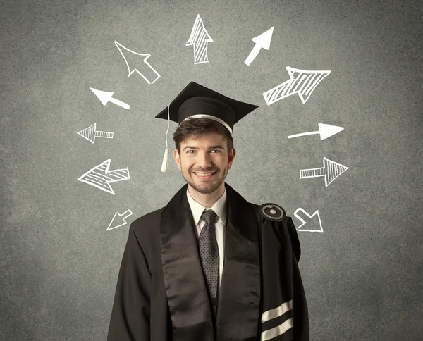 Mladý postgraduální student s ručně kreslenými šipkami — Stock fotografie