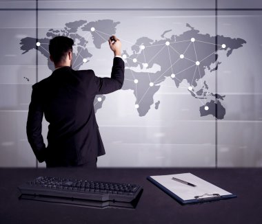 Dünya Haritası üzerinde nokta çizim iş kişi