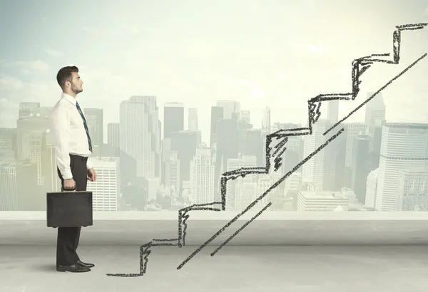 Business man climbing up on hand drawn staircase concept — Stock Photo, Image