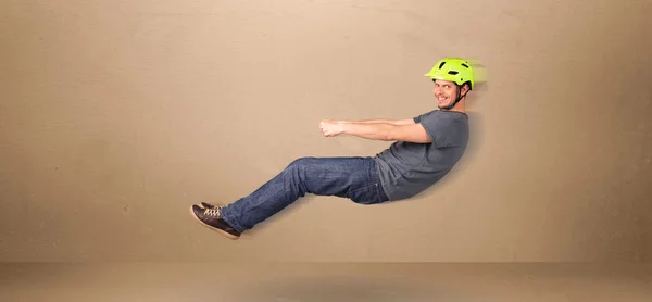 Happy funny man driving a flying car concept — Stock Photo, Image