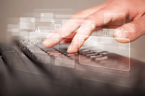 Hand touching keyboard with high tech buttons — Stock Photo, Image