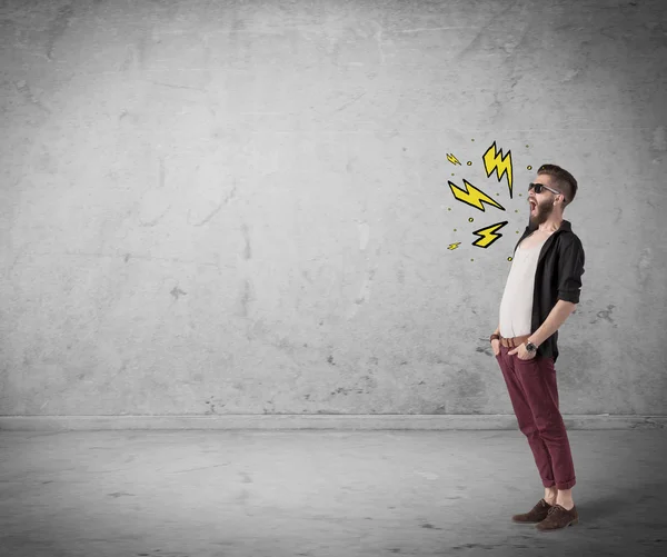 Funny hipster in fashion clothing shouting — Stock Photo, Image