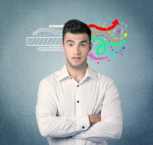 Happy creative business guy with illustration — Stock Photo, Image