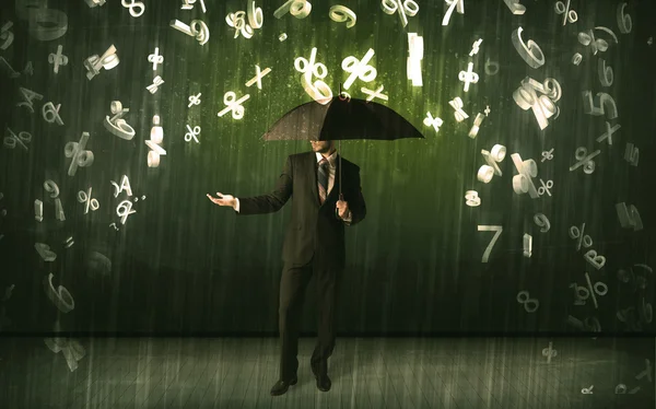 Businessman standing with umbrella and 3d numbers raining concep — Stock Photo, Image