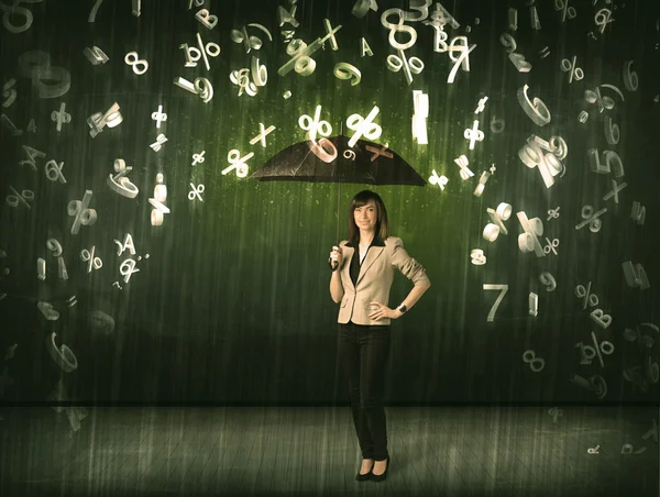 Empresária de pé com guarda-chuva e números 3d chuva conc — Fotografia de Stock