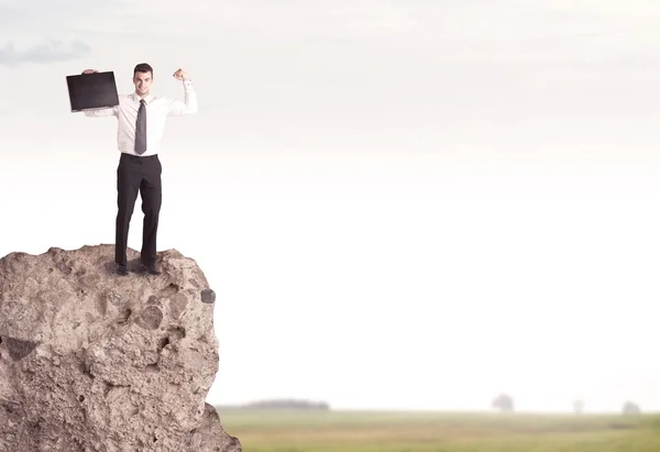 Happy salesman on cliff in the country — Stock Photo, Image