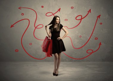 Şık kadın alışverişi ve kırmızı oklar