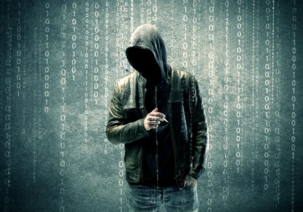 Enfadado hacker misterioso con números — Foto de Stock