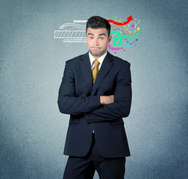 Happy creative business guy with illustration — Stock Photo, Image