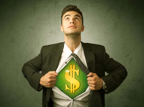 Businessman tearing off his shirt with dollar sign on chest — Stock Photo, Image