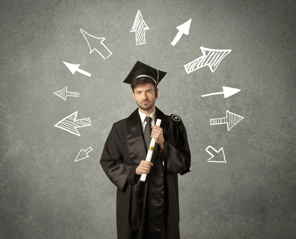 Jovem estudante de pós-graduação com setas desenhadas à mão — Fotografia de Stock