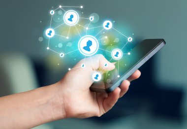 Smartphone, sosyal ağ kavramı işaret parmak
